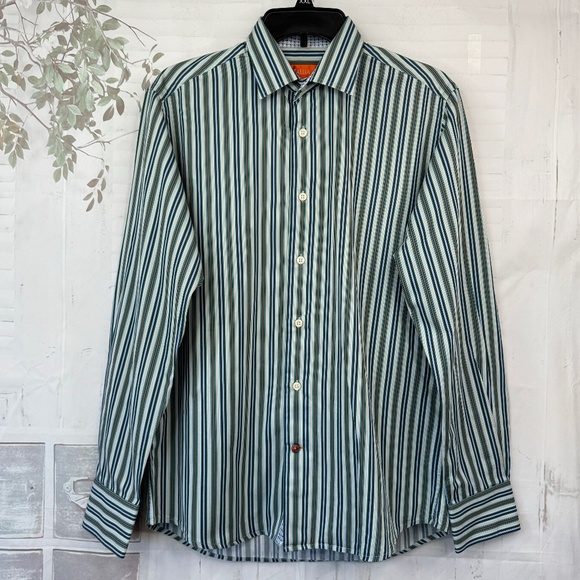 Tallia Mens Green Blue Striped Collard Button Up Dress Up Shirt Medium M 15 1/2 - Picture 1 of 12